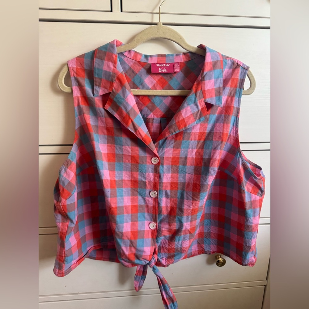 Barbie + ModCloth Plaid Sleeveless Tie-Front Top